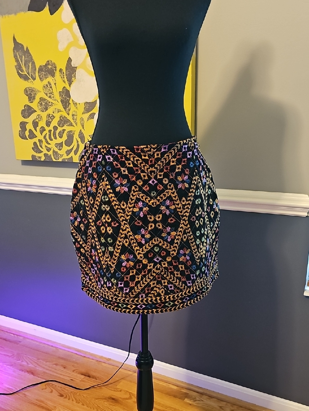 FARM Rio Black Mini Skirt with Colorful Geometric Embroidery